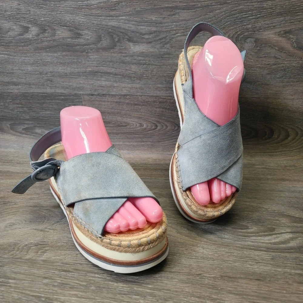Marc Fisher Sandals Womens 9.5M Blue Leather Espadrille‎ Platform Glenna Wedge